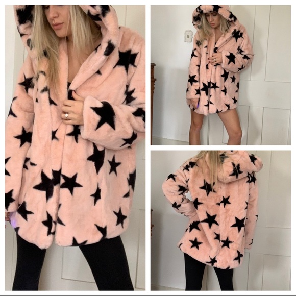 Signature Studio Jackets & Blazers - Fur Star Coat Jacket Blush Pink & Black Fuzzy Hood